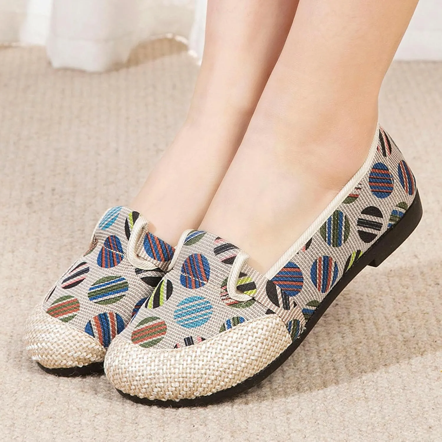 Women's Linen Retro Single Shoes Breathable Ballet Flats Comfortable Soft Walking Driving Shoes Elderly Loafers