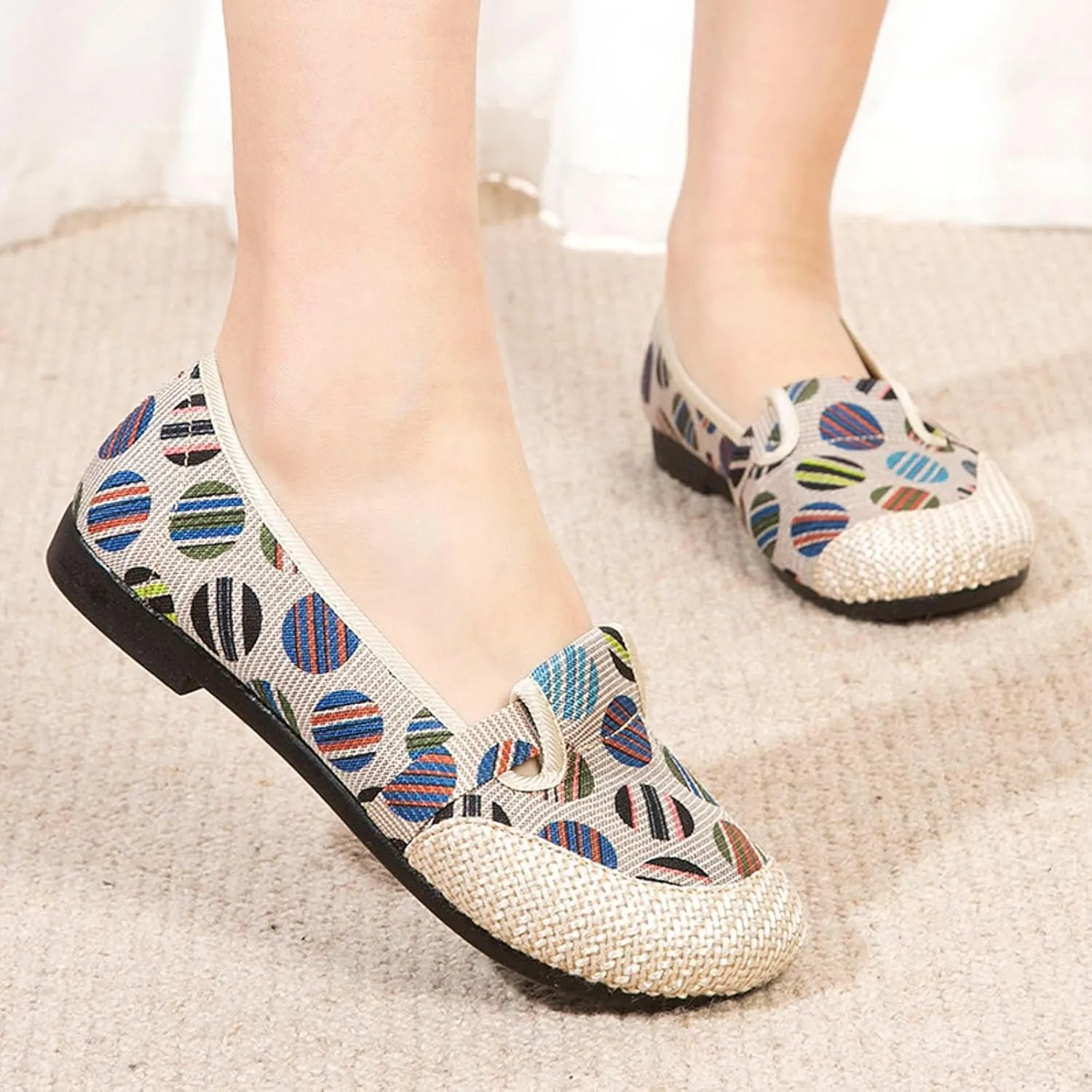 Women's Linen Retro Single Shoes Breathable Ballet Flats Comfortable Soft Walking Driving Shoes Elderly Loafers