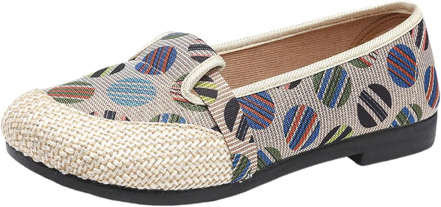 Women's Linen Retro Single Shoes Breathable Ballet Flats Comfortable Soft Walking Driving Shoes Elderly Loafers