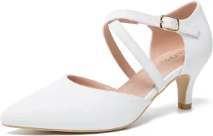 Women's Low Kitten Heels Pointed Toe Pumps Cross Strap Closed Toe D'Orsay Dress Wedding Bridal Party Office Shoes