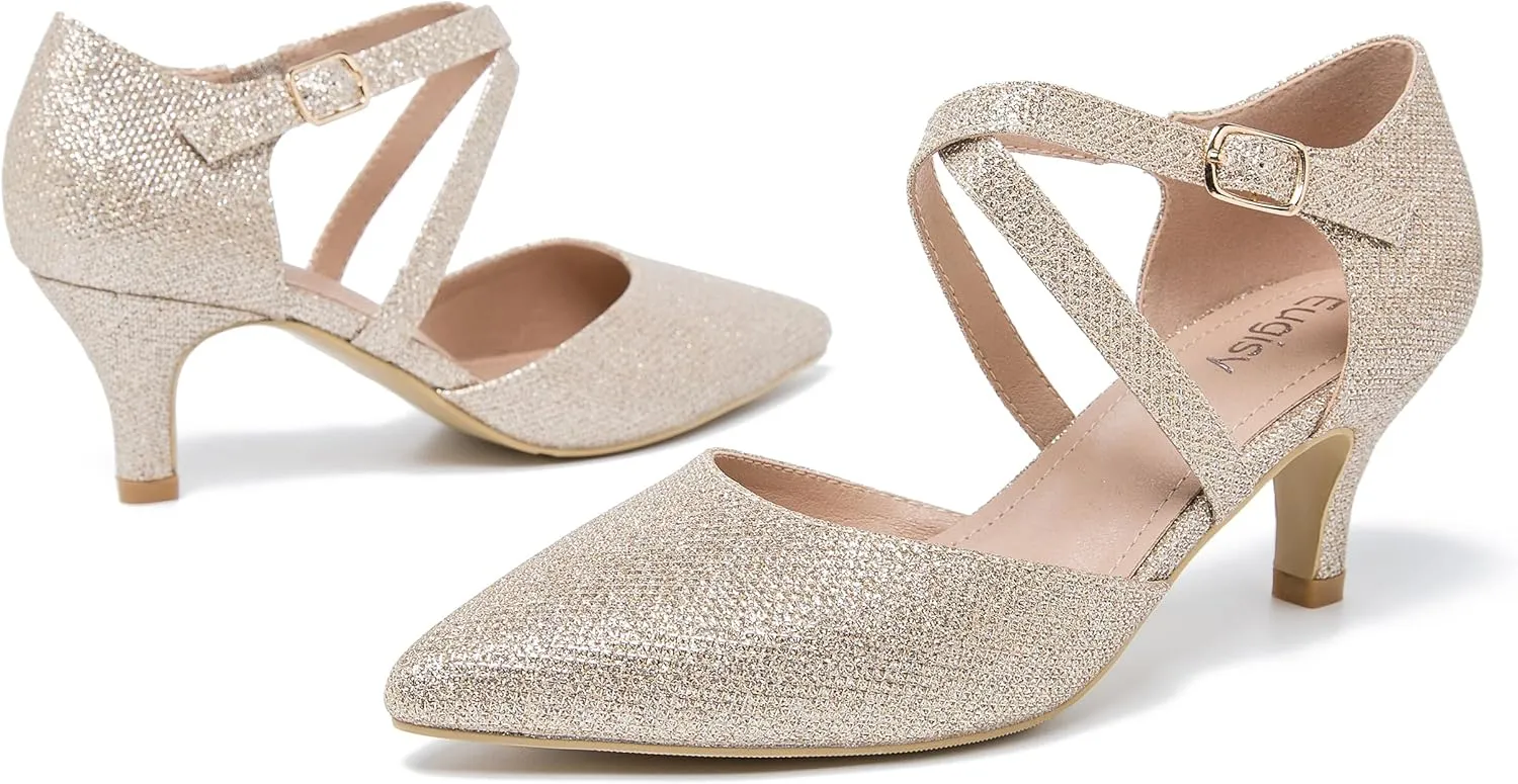 Women's Low Kitten Heels Pointed Toe Pumps Cross Strap Closed Toe D'Orsay Dress Wedding Bridal Party Office Shoes