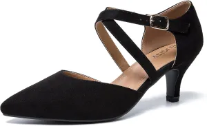 Women's Low Kitten Heels Pointed Toe Pumps Cross Strap Closed Toe D'Orsay Dress Wedding Bridal Party Office Shoes