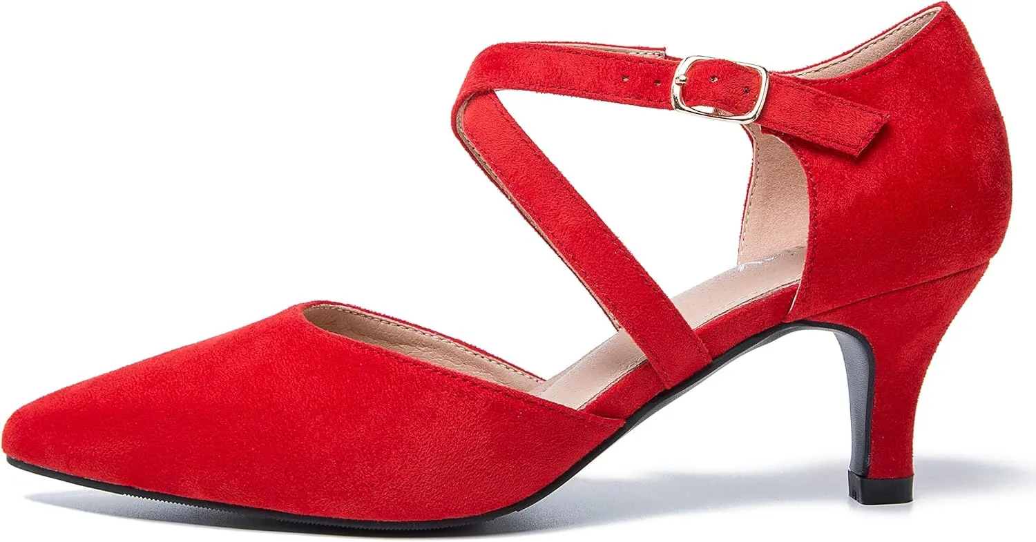 Women's Low Kitten Heels Pointed Toe Pumps Cross Strap Closed Toe D'Orsay Dress Wedding Bridal Party Office Shoes