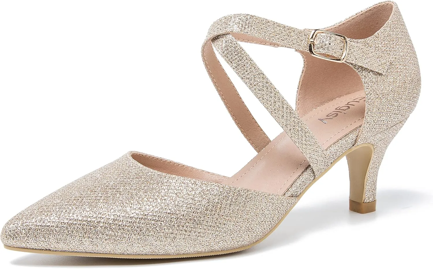 Women's Low Kitten Heels Pointed Toe Pumps Cross Strap Closed Toe D'Orsay Dress Wedding Bridal Party Office Shoes