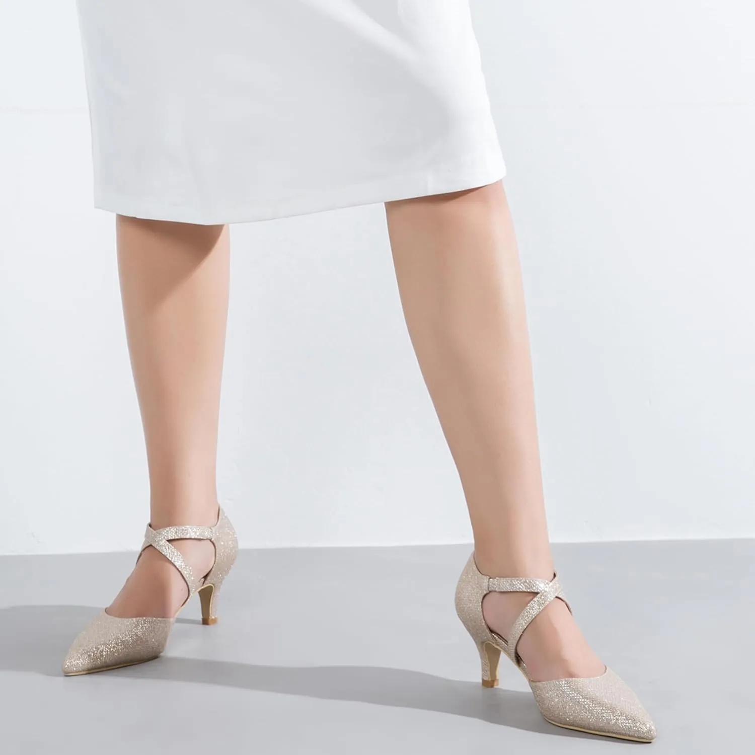 Women's Low Kitten Heels Pointed Toe Pumps Cross Strap Closed Toe D'Orsay Dress Wedding Bridal Party Office Shoes