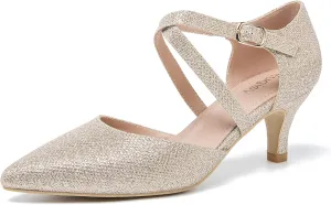 Women's Low Kitten Heels Pointed Toe Pumps Cross Strap Closed Toe D'Orsay Dress Wedding Bridal Party Office Shoes