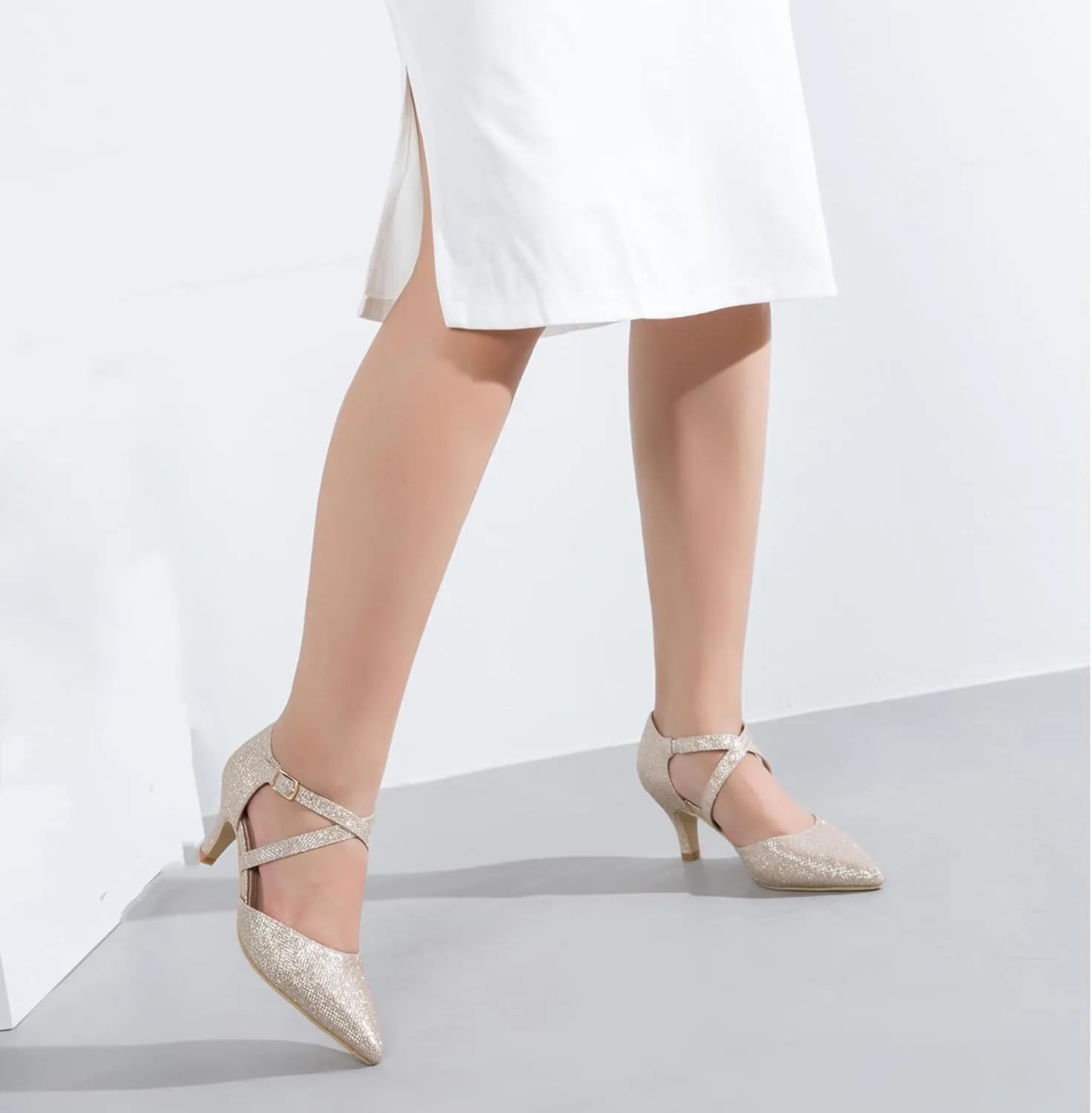 Women's Low Kitten Heels Pointed Toe Pumps Cross Strap Closed Toe D'Orsay Dress Wedding Bridal Party Office Shoes