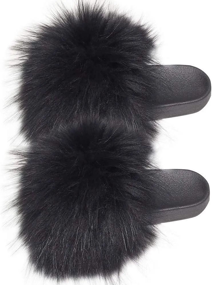Womens Luxury Real Raccon Fur Sliders Slippers Furry Slides Fashion Flat Soles Soft Summer Slippers (10, Black)