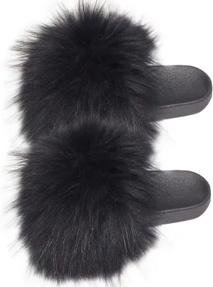 Womens Luxury Real Raccon Fur Sliders Slippers Furry Slides Fashion Flat Soles Soft Summer Slippers (10, Black)