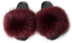 Womens Luxury Real Raccon Fur Sliders Slippers Furry Slides Fashion Flat Soles Soft Summer Slippers (10, Wine Red)