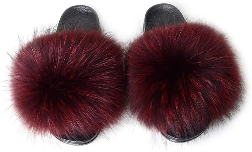 Womens Luxury Real Raccon Fur Sliders Slippers Furry Slides Fashion Flat Soles Soft Summer Slippers (10, Wine Red)