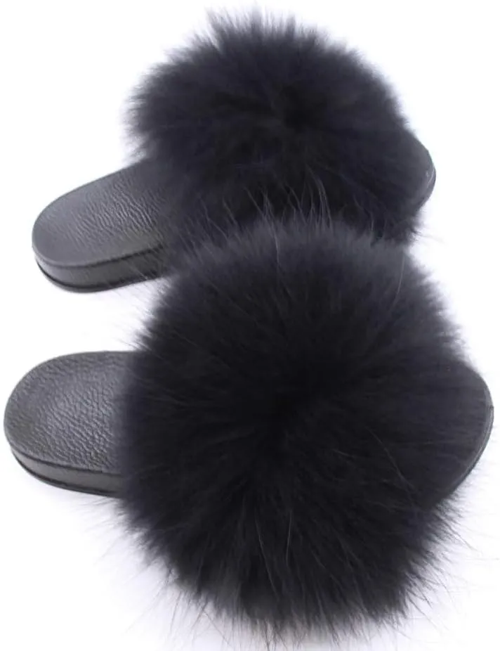 Womens Luxury Real Raccon Fur Sliders Slippers Furry Slides Fashion Flat Soles Soft Summer Slippers (5, Black)