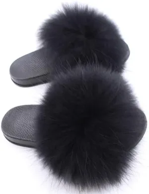 Womens Luxury Real Raccon Fur Sliders Slippers Furry Slides Fashion Flat Soles Soft Summer Slippers (5, Black)