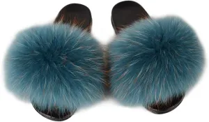 Womens Luxury Real Raccon Fur Sliders Slippers Furry Slides Fashion Flat Soles Soft Summer Slippers (Raccoon-Sea green, numeric_10)