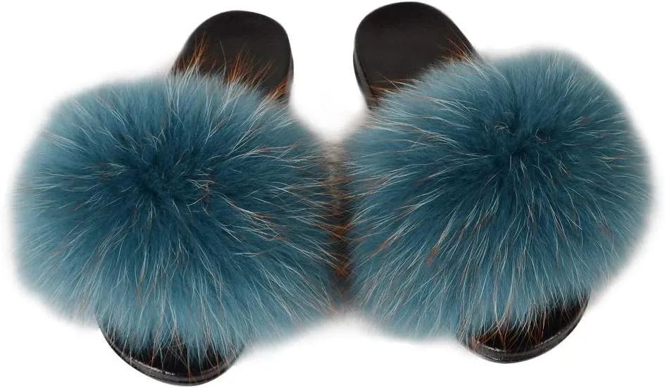 Womens Luxury Real Raccon Fur Sliders Slippers Furry Slides Fashion Flat Soles Soft Summer Slippers (Raccoon-Sea green, numeric_10)