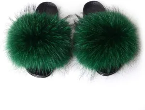 Womens Luxury Real Raccon Fur Sliders Slippers Furry Slides Fashion Flat Soles Soft Summer Slippers(10, Green)