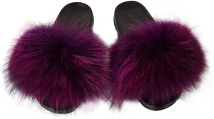 Womens Luxury Real Raccon Fur Sliders Slippers Furry Slides Fashion Flat Soles Soft Summer Slippers(10,Raccoon-Purple)