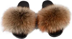 Womens Luxury Real Raccon Fur Sliders Slippers Furry Slides Fashion Flat Soles Soft Summer Slippers(5, New-Brown)