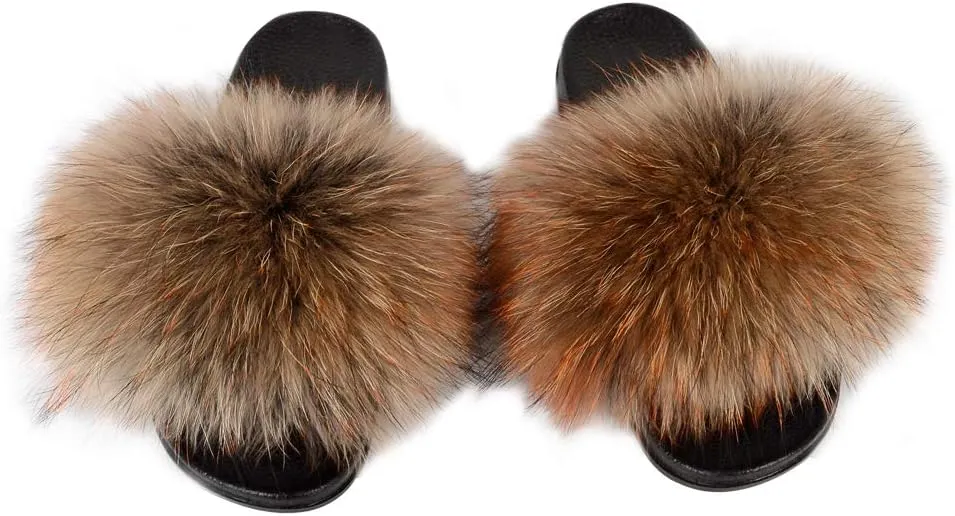 Womens Luxury Real Raccon Fur Sliders Slippers Furry Slides Fashion Flat Soles Soft Summer Slippers(5, New-Brown)