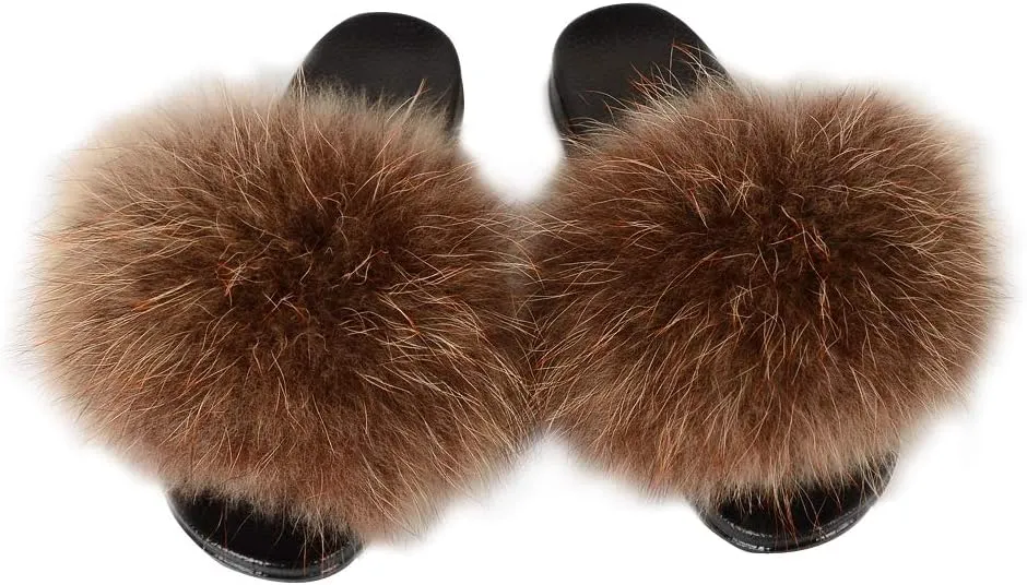 Womens Luxury Real Raccon Fur Sliders Slippers Furry Slides Fashion Flat Soles Soft Summer Slippers(5,Raccoon-Black Velvet   Orange)