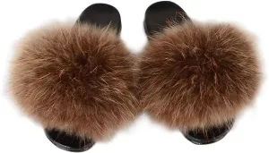 Womens Luxury Real Raccon Fur Sliders Slippers Furry Slides Fashion Flat Soles Soft Summer Slippers(5,Raccoon-Black Velvet   Orange)