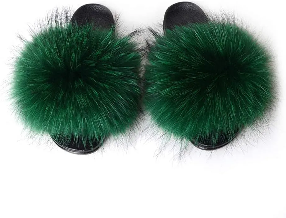 Womens Luxury Real Raccon Fur Sliders Slippers Furry Slides Fashion Flat Soles Soft Summer Slippers(8, Green)