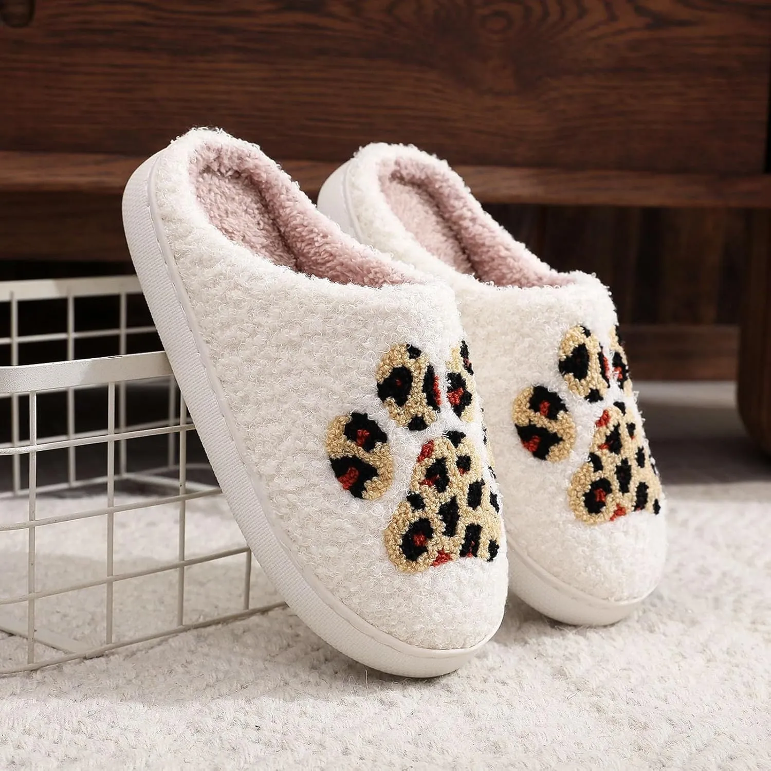 Women's Men's Retro Leopard Print Smiley Slippers Lightning Bolt Memory Foam Soft Plush Warm Non-Slip Home Shoes