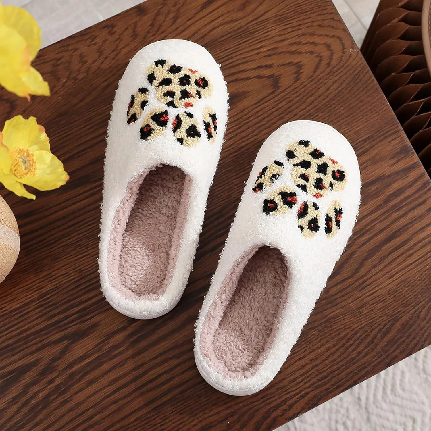 Women's Men's Retro Leopard Print Smiley Slippers Lightning Bolt Memory Foam Soft Plush Warm Non-Slip Home Shoes