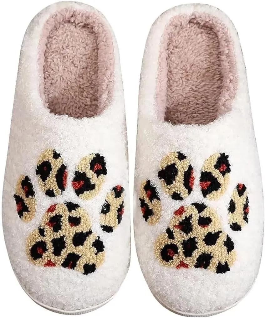 Women's Men's Retro Leopard Print Smiley Slippers Lightning Bolt Memory Foam Soft Plush Warm Non-Slip Home Shoes