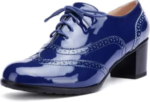 Women's Patent Leather Wingtip Oxfords,Vintage Casual Comfort Non-Slip Lace Up Platform Low Heel Brogue Shoes Dress Shoes