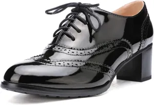 Women's Patent Leather Wingtip Oxfords,Vintage Casual Comfort Non-Slip Lace Up Platform Low Heel Brogue Shoes Dress Shoes