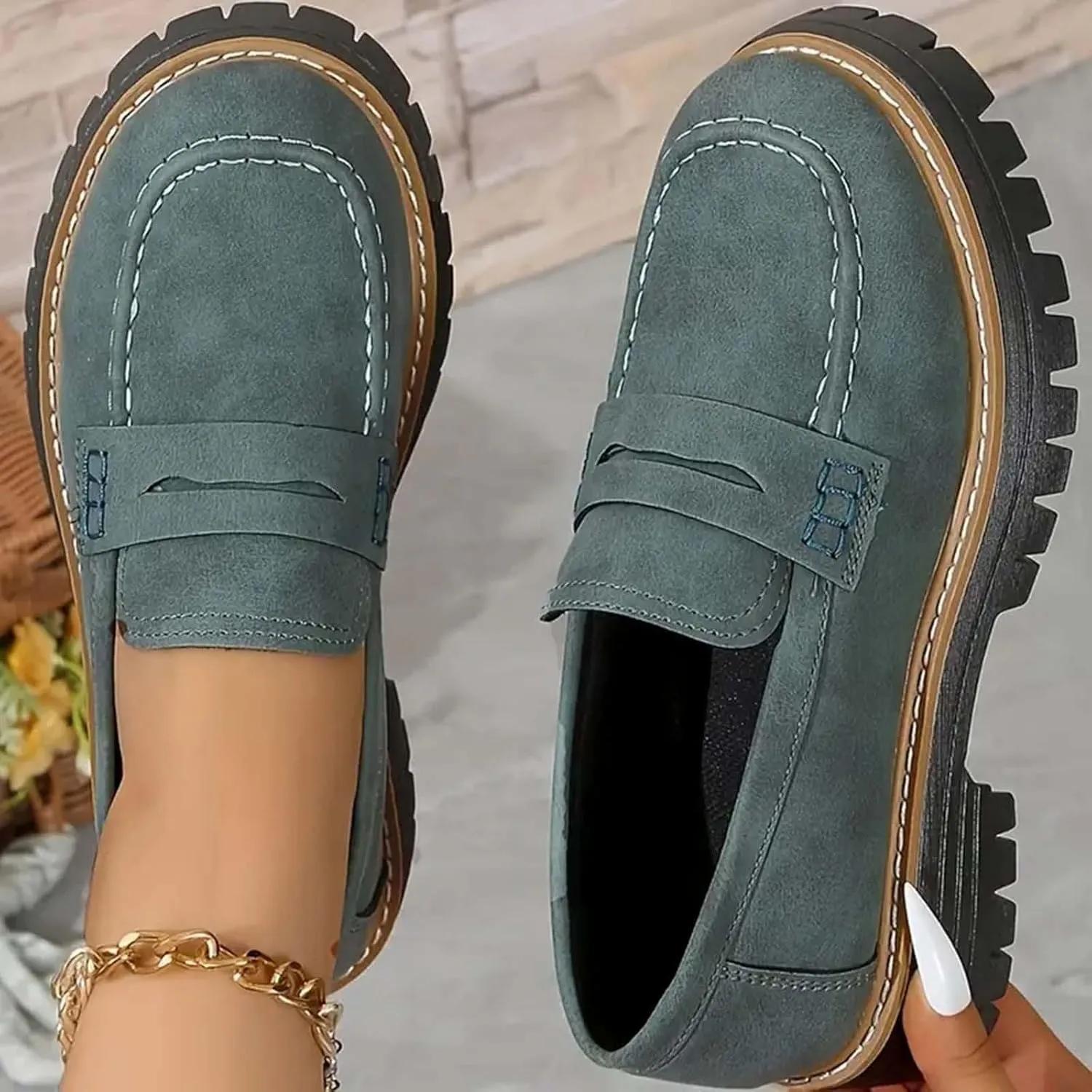 Womens Platform Chunky Penny Loafer Lug Sole Slip Comfortable Suede Dress Work Office Business Casual Shoes