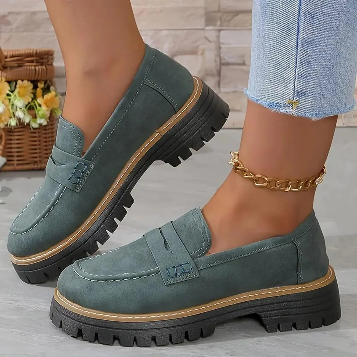 Womens Platform Chunky Penny Loafer Lug Sole Slip Comfortable Suede Dress Work Office Business Casual Shoes