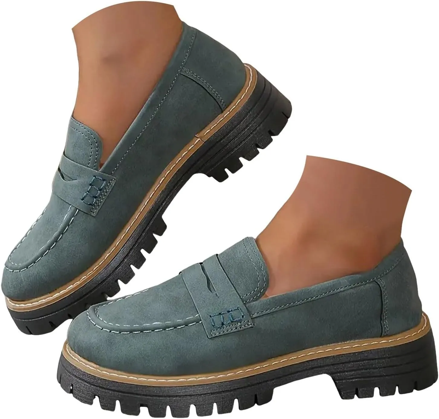 Womens Platform Chunky Penny Loafer Lug Sole Slip Comfortable Suede Dress Work Office Business Casual Shoes