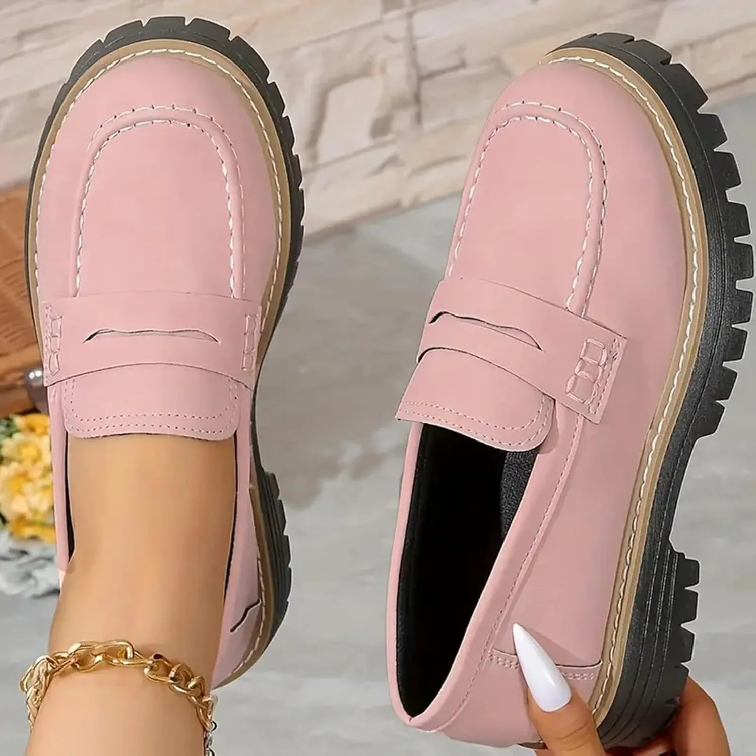 Womens Platform Chunky Penny Loafer Lug Sole Slip Comfortable Suede Dress Work Office Business Casual Shoes