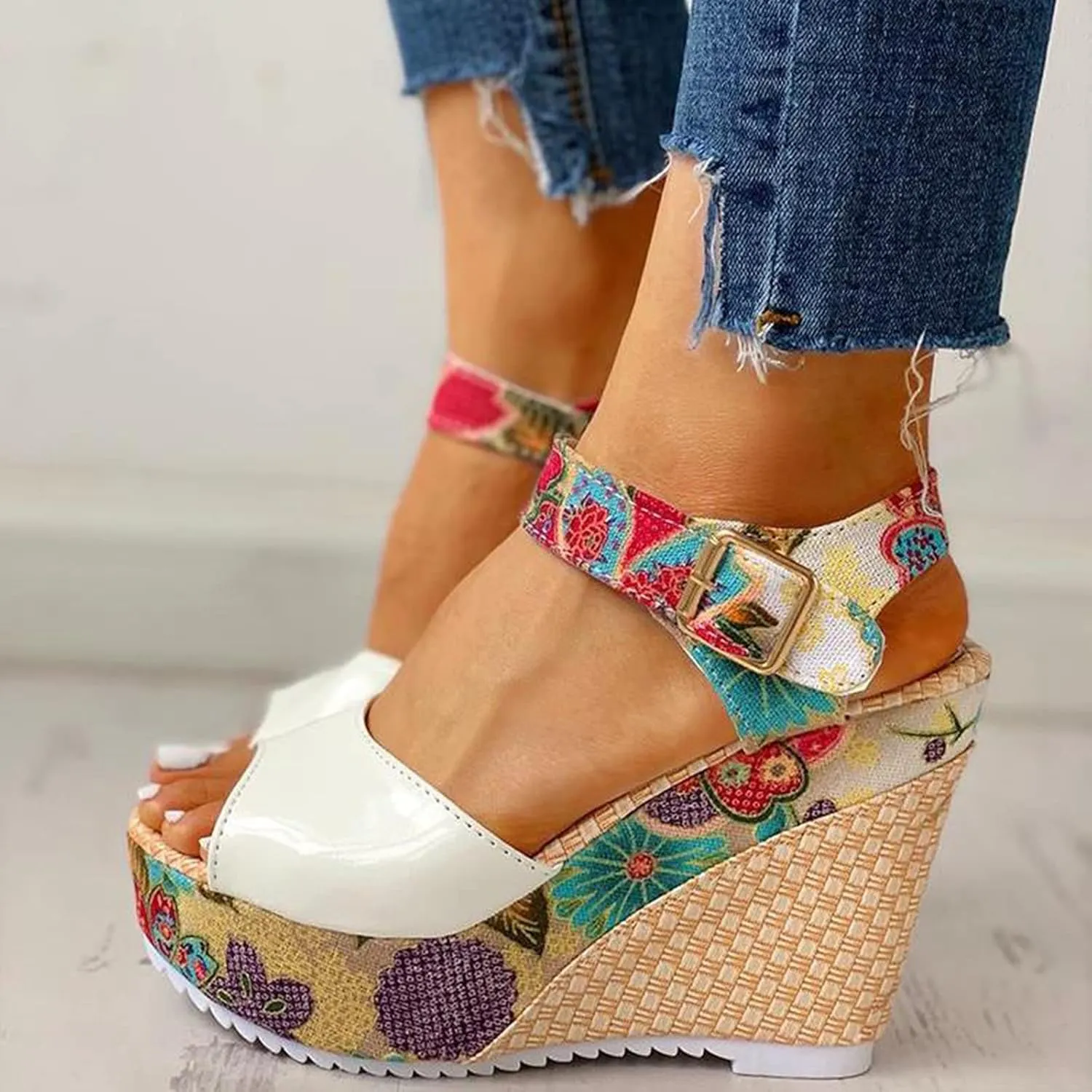 Women's Printing Flower Espadrille Wedges Platform Sandals Comfortable Buckle Ankle Strap Casual High Lace Sandal
