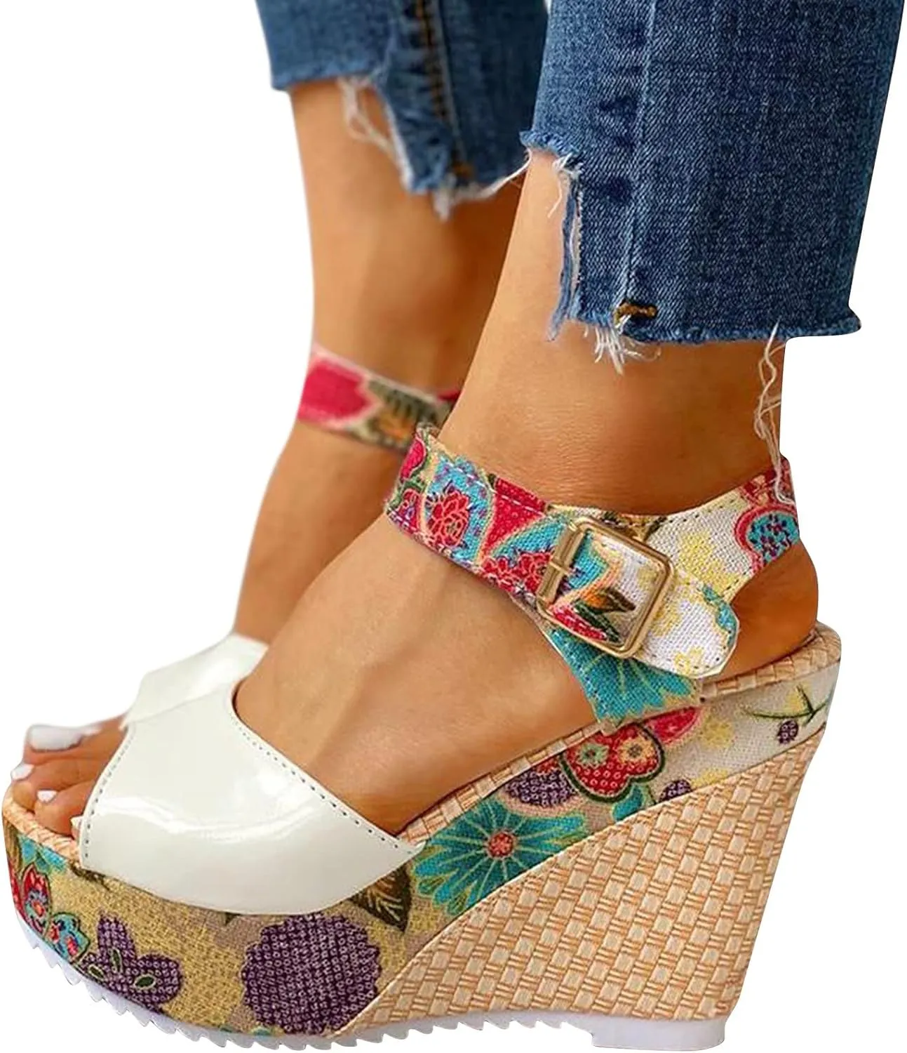 Women's Printing Flower Espadrille Wedges Platform Sandals Comfortable Buckle Ankle Strap Casual High Lace Sandal