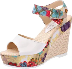 Women's Printing Flower Espadrille Wedges Platform Sandals Comfortable Buckle Ankle Strap Casual High Lace Sandal