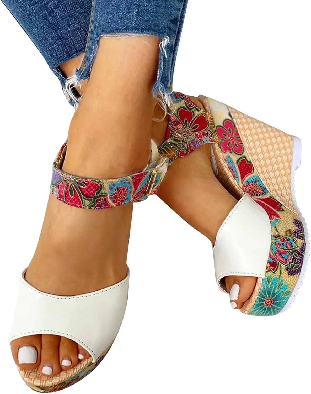 Women's Printing Flower Espadrille Wedges Platform Sandals Comfortable Buckle Ankle Strap Casual High Lace Sandal