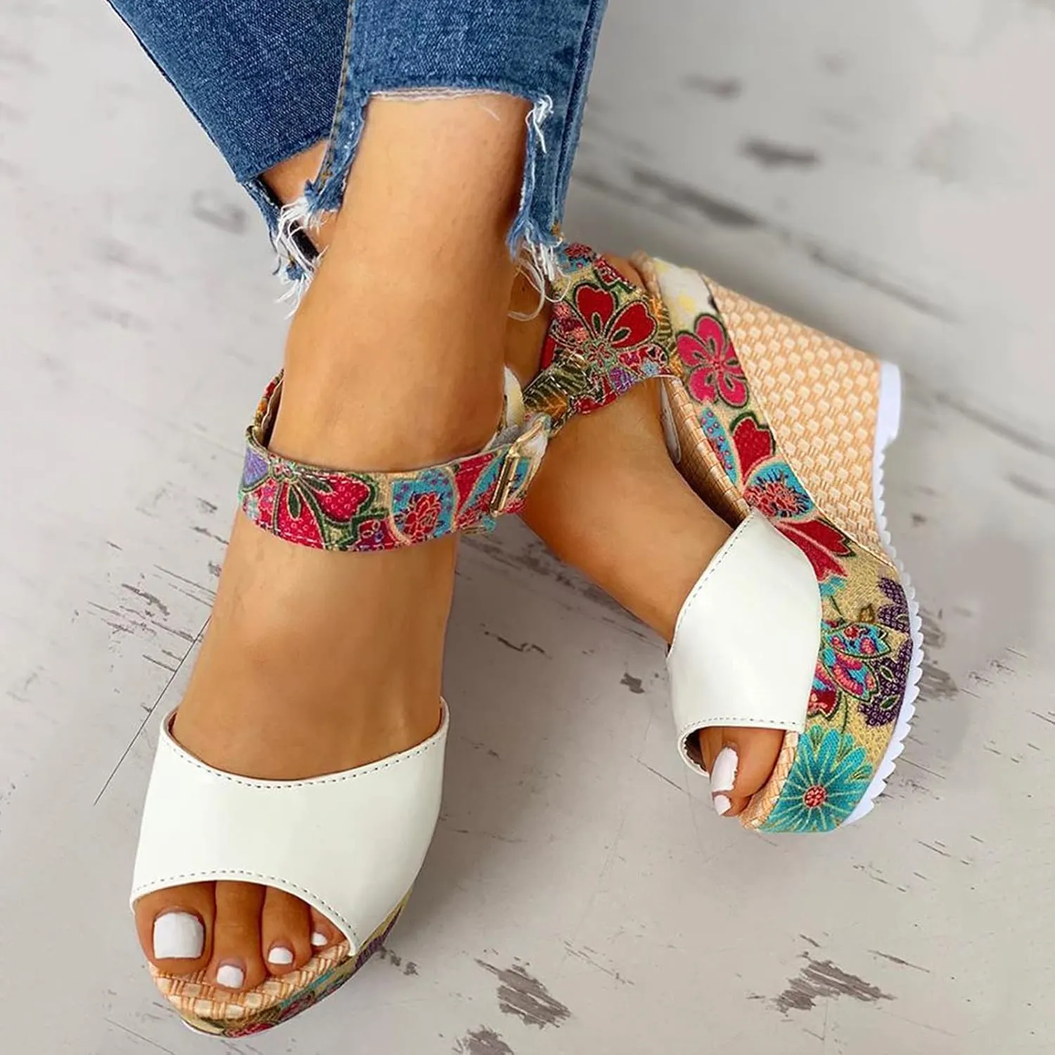 Women's Printing Flower Espadrille Wedges Platform Sandals Comfortable Buckle Ankle Strap Casual High Lace Sandal