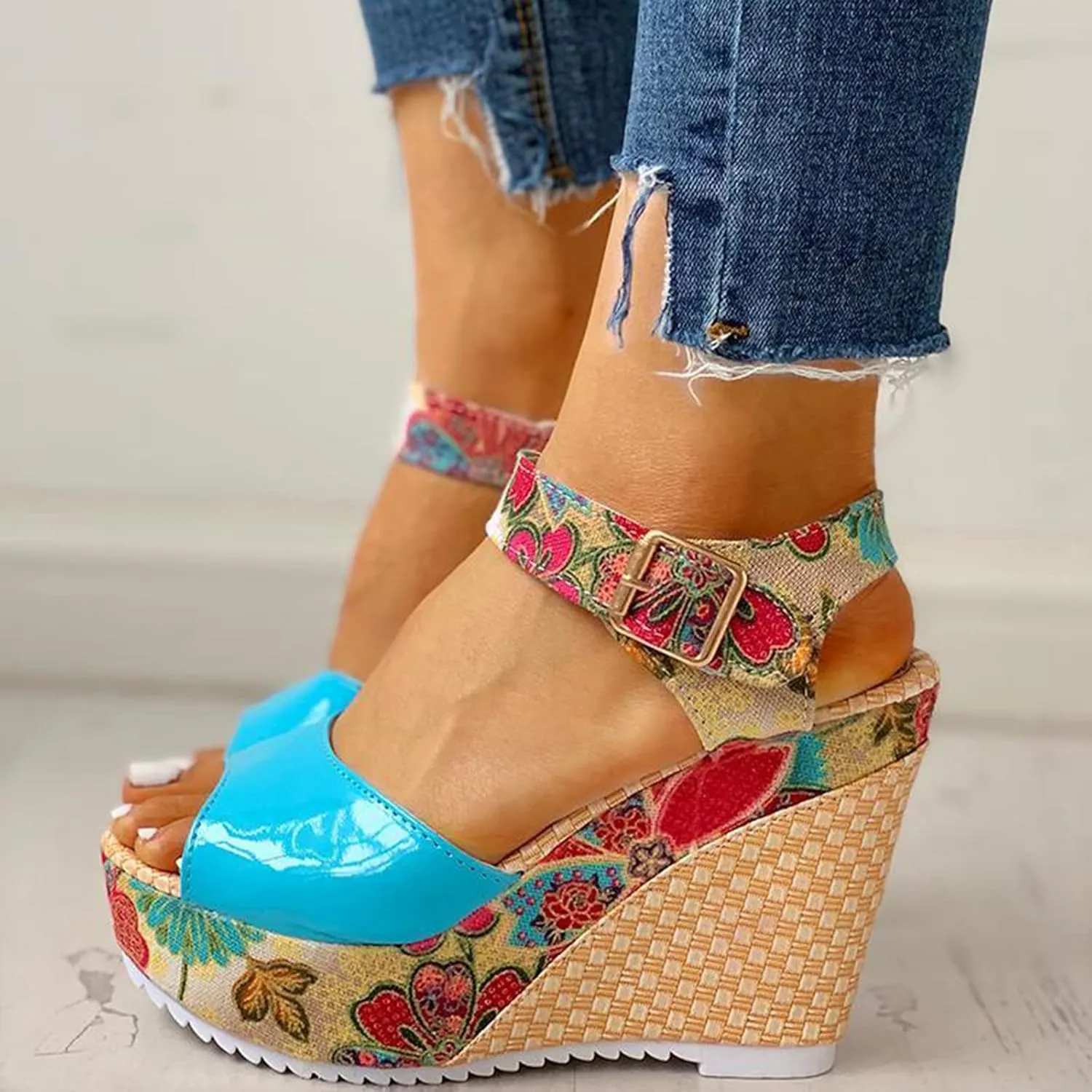 Women's Printing Flower Espadrille Wedges Platform Sandals Comfortable Buckle Ankle Strap Casual High Lace Sandal