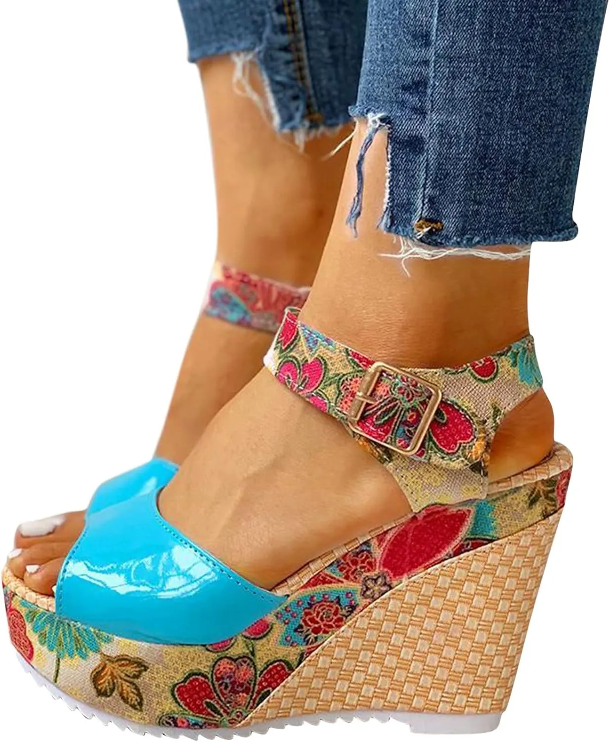 Women's Printing Flower Espadrille Wedges Platform Sandals Comfortable Buckle Ankle Strap Casual High Lace Sandal