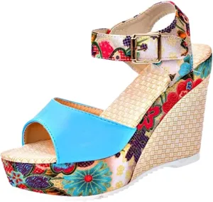 Women's Printing Flower Espadrille Wedges Platform Sandals Comfortable Buckle Ankle Strap Casual High Lace Sandal