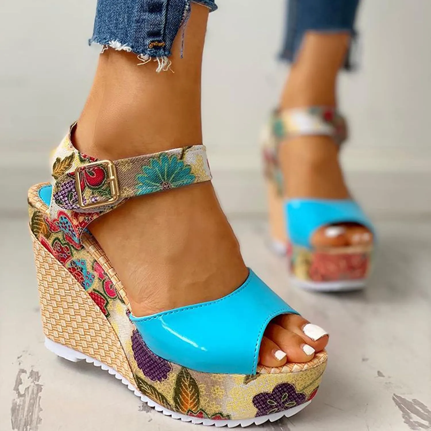 Women's Printing Flower Espadrille Wedges Platform Sandals Comfortable Buckle Ankle Strap Casual High Lace Sandal
