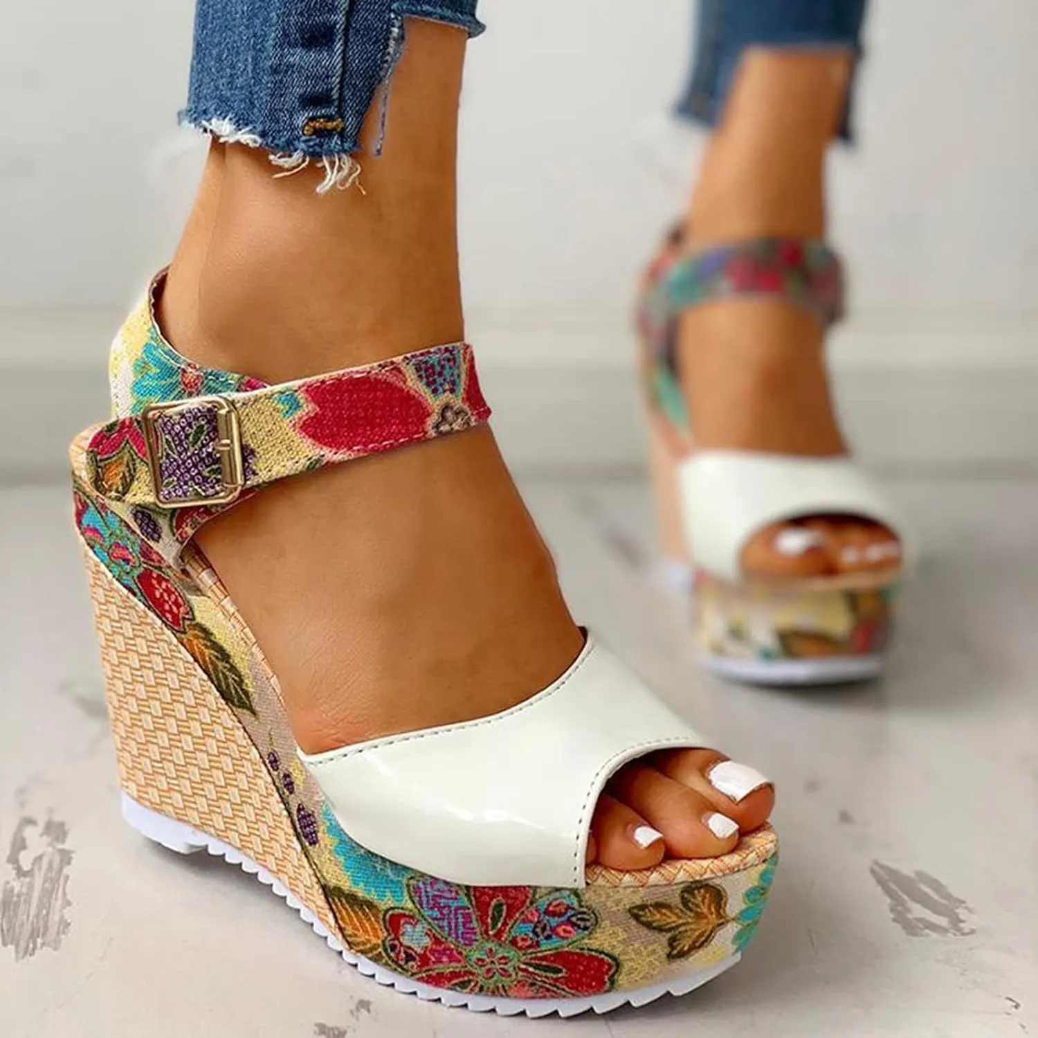 Women's Printing Flower Espadrille Wedges Platform Sandals Comfortable Buckle Ankle Strap Casual High Lace Sandal