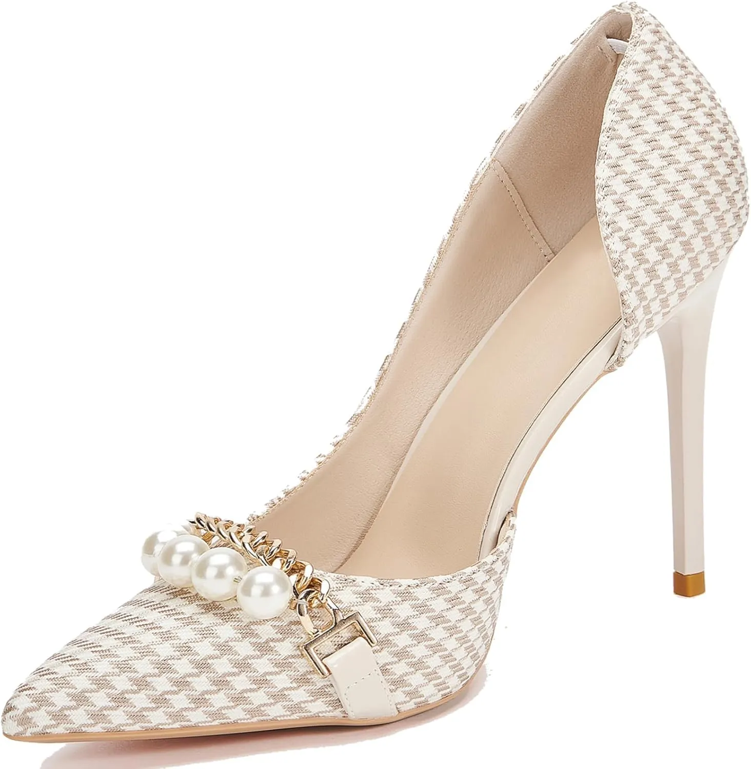 Womens Pumps Shoes High Heels Stiletto Pointed Closed Toe D'Orsay Elegant Houndstooth Pattern Design with Pearls Chain Dress Party Wedding Classic Work Heels for Ladies Apricot US7.5