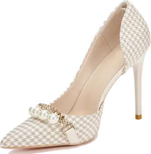 Womens Pumps Shoes High Heels Stiletto Pointed Closed Toe D'Orsay Elegant Houndstooth Pattern Design with Pearls Chain Dress Party Wedding Classic Work Heels for Ladies Apricot US7.5
