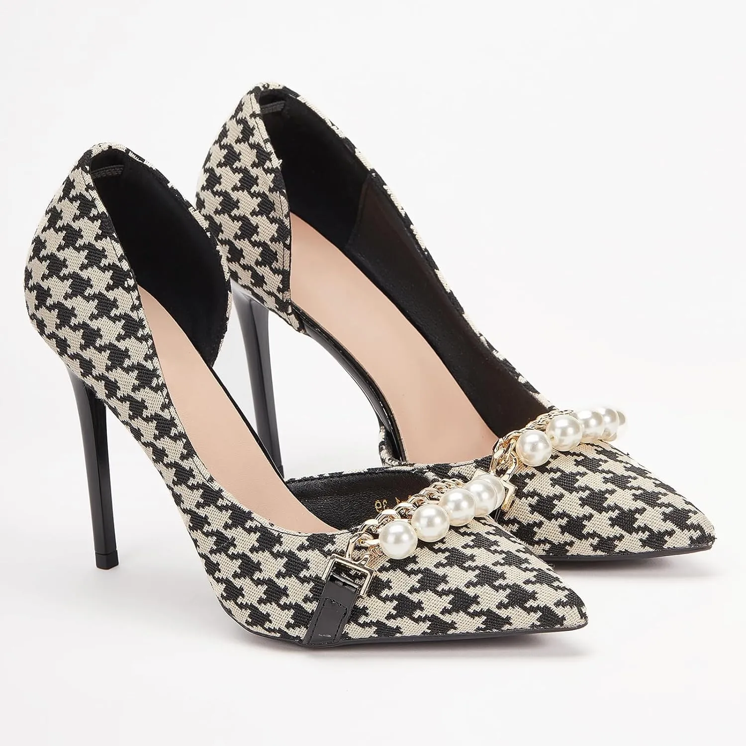 Womens Pumps Shoes High Heels Stiletto Pointed Closed Toe D'Orsay Elegant Houndstooth Pattern Design with Pearls Chain Dress Party Wedding Classic Work Heels for Ladies