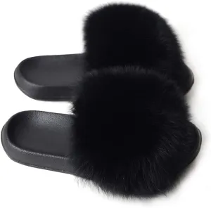 Women's Real Fox Fur Slides Furry Slide Sandal for Outdoor Fur Slippers