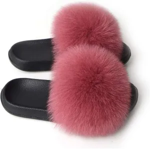 Women's Real Fox Fur Slides Furry Slide Sandal for Outdoor Fur Slippers